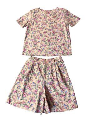 Vintage White Stag Floral Top M & Shorts 12 Beige Multicolor Used Linen Cotton